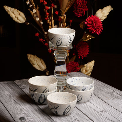 Caffeine Ceramic Handmade White Bamboo katori Bowl (Set of 6) - Caffeine Premium Stoneware