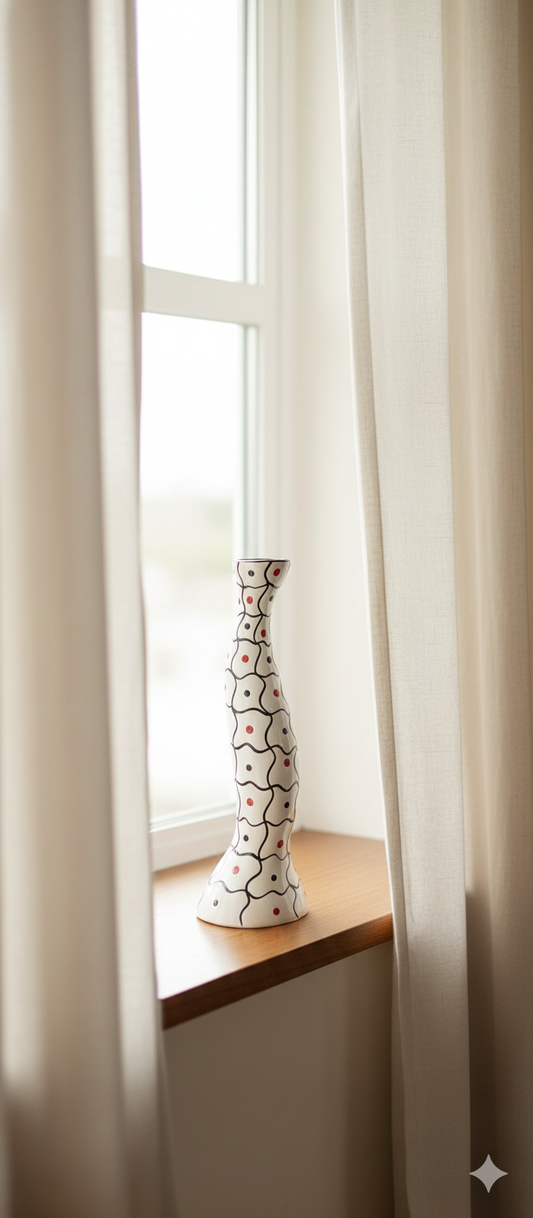 Decorative vase on a windowsill with sheer curtains