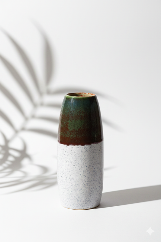 Ceramic vase with two-tone design on a white background
