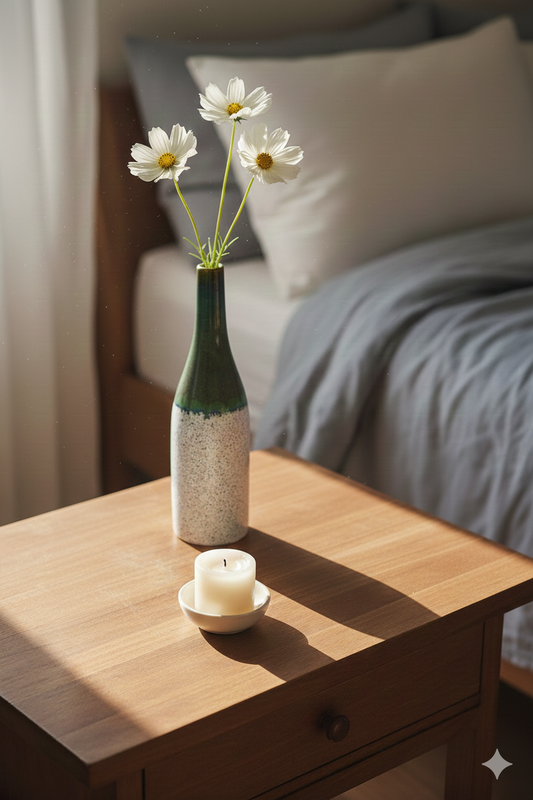 Decorative vase with flowers and a candle on a wooden surface, with a blurred background of a bed.