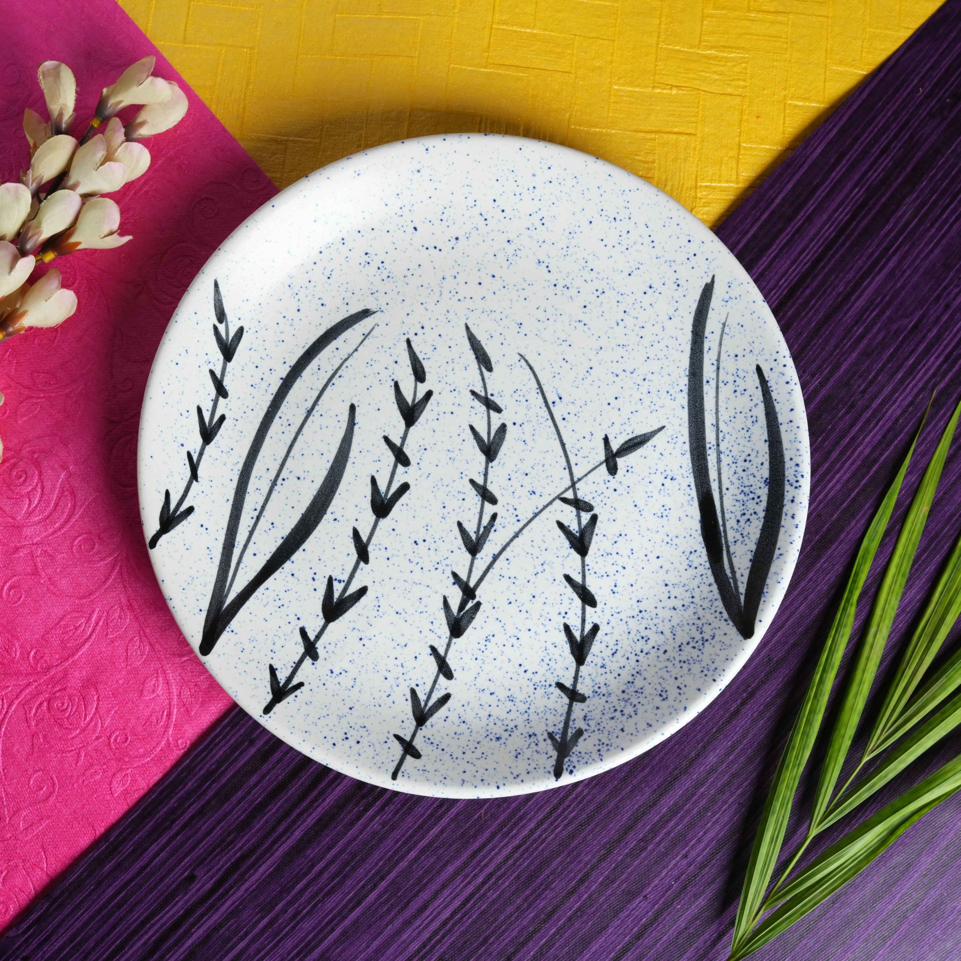 Caffeine Ceramic Handmade Stoneware White Bamboo Dinner Plates10 inch Set of 2 - Caffeine Premium Stoneware