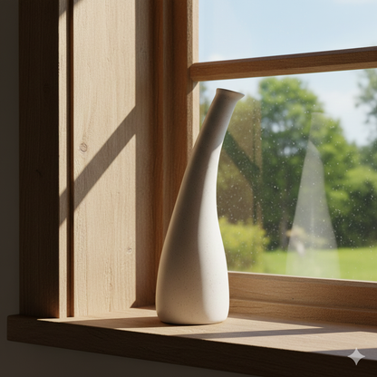 White ceramic vase on a windowsill with a view of greenery outside