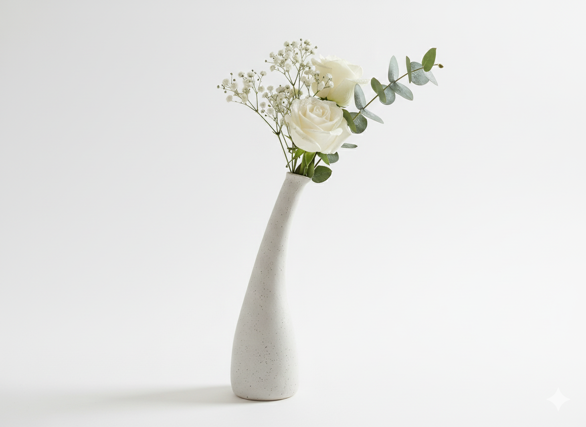 White vase with flowers on a white background