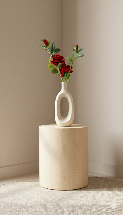 White vase with red flowers on a wooden pedestal against a beige wall.