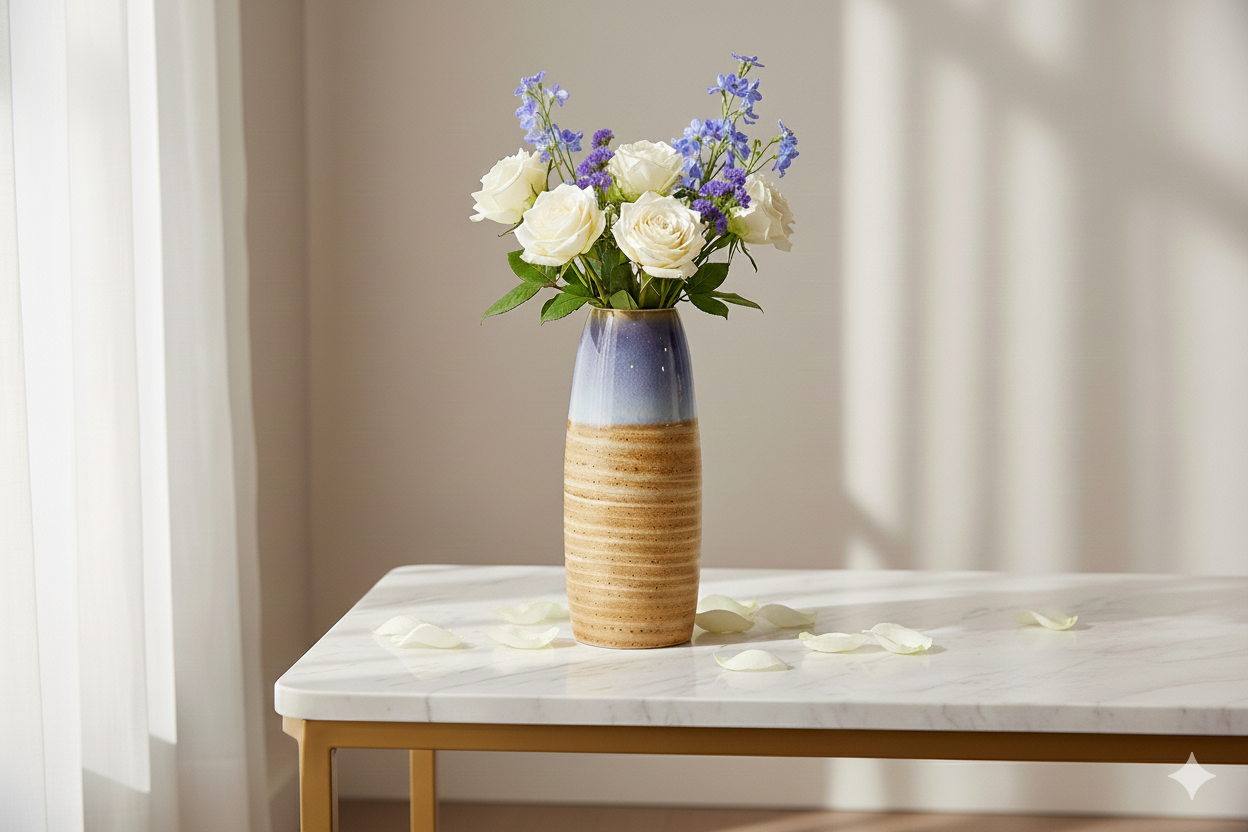 Vase with flowers on a marble table against a beige wall