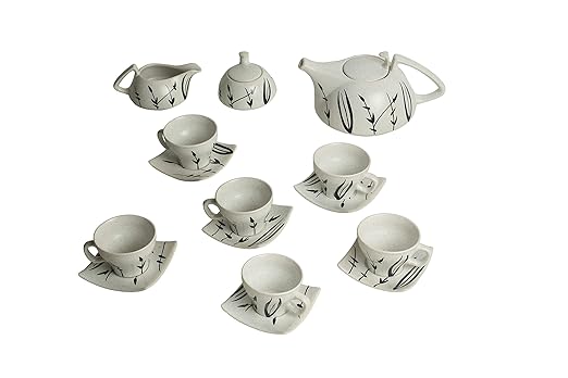 Caffeine Ceramic Handmade White Bamboo Printed Tea Sets (Set of 15 pcs) - Caffeine Premium Stoneware