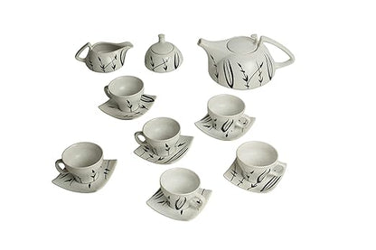 Caffeine Ceramic Handmade White Bamboo Printed Tea Sets (Set of 15 pcs) - Caffeine Premium Stoneware