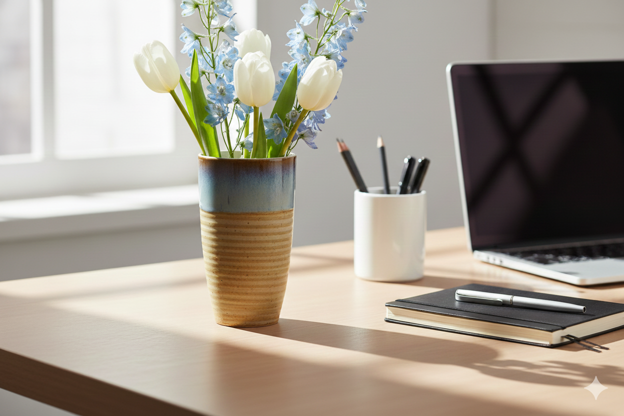 Desk setup with laptop, notebook, pen holder, and flowers on a wooden surface.
