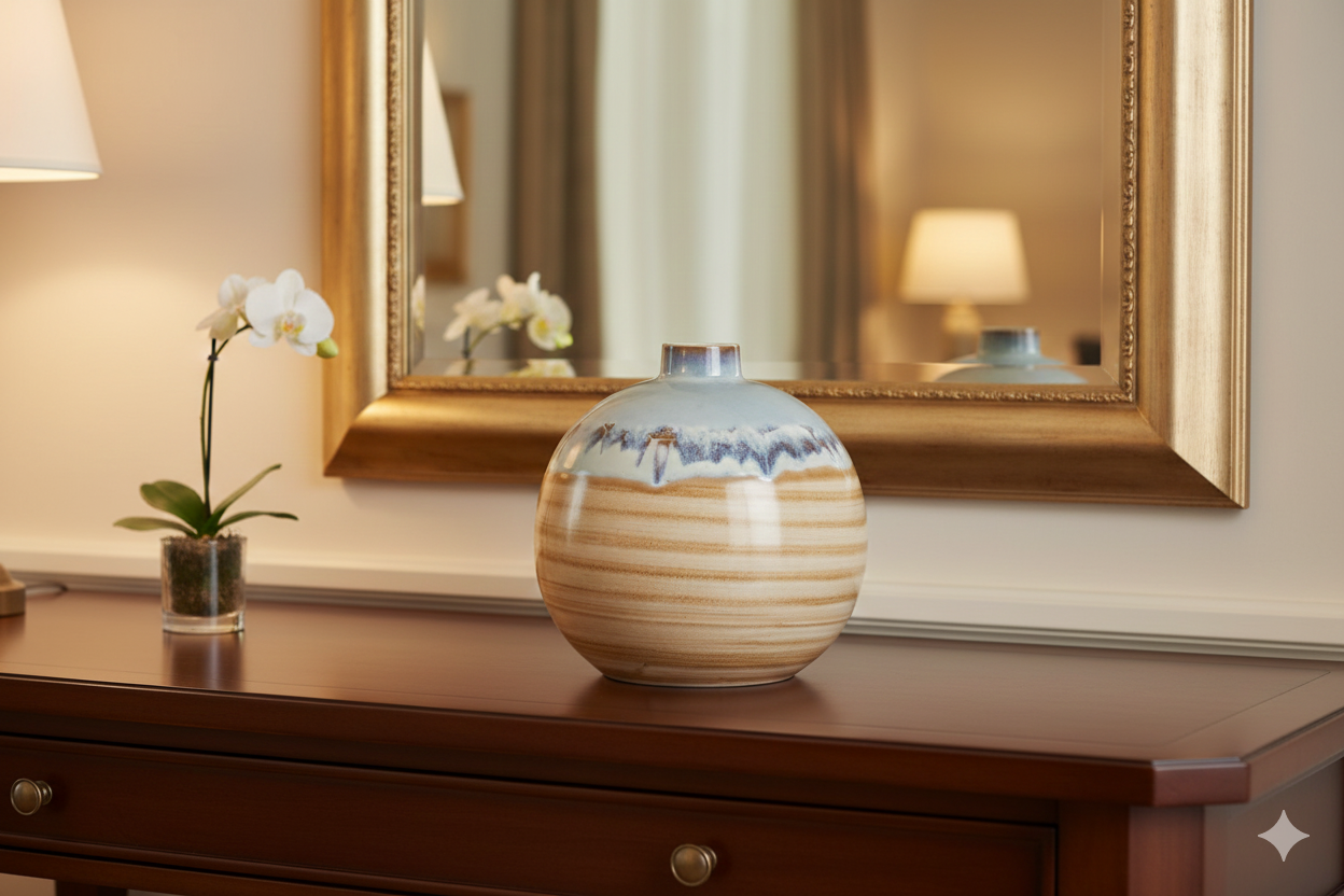Decorative vase on a wooden surface with a mirror and lamp in the background