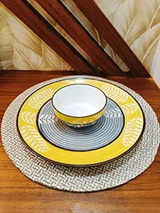 Caffeine Ceramic Handmade Yellow and Grey Leaf Combo Dinner Set (Set of 2) - Caffeine Premium Stoneware