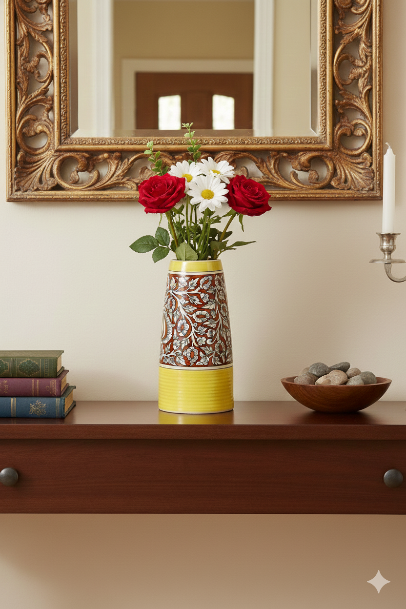 Decorative vase with flowers on a wooden surface, framed mirror above