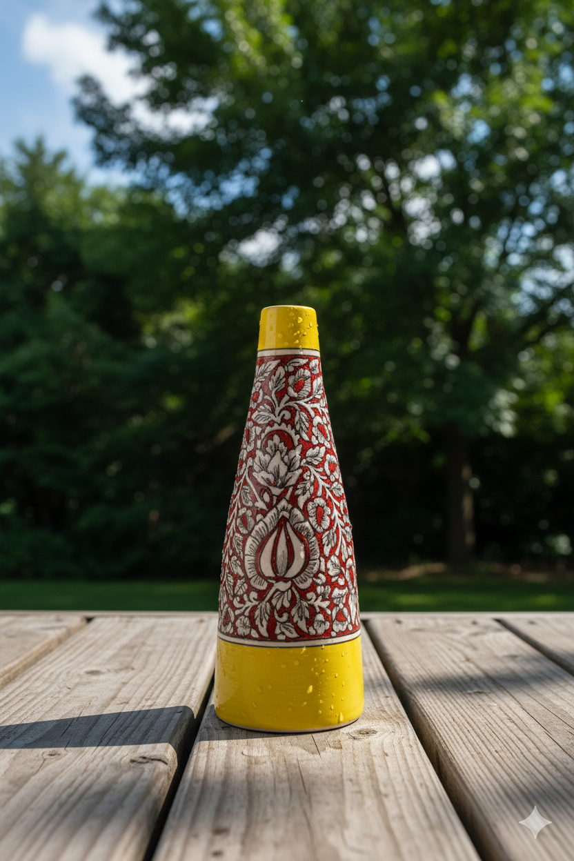 Decorative bottle with yellow top and red pattern on a wooden surface with greenery in the background