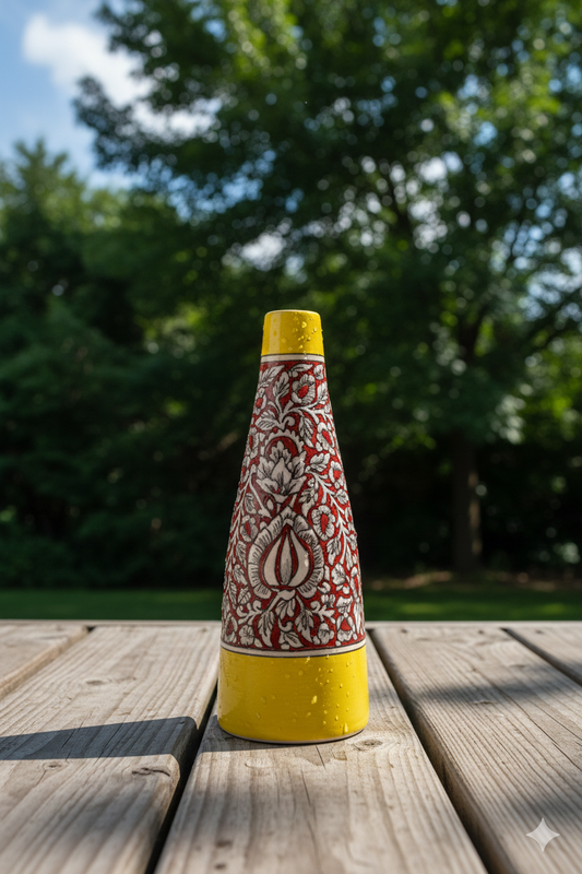 Decorative bottle with yellow top and red pattern on a wooden surface with greenery in the background
