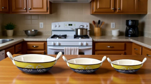 Caffeine Ceramic Handmade Stoneware Yellow & Grey Leaf Print Serving kadhai (Set of 3 Microwave & Dishwasher Safe)