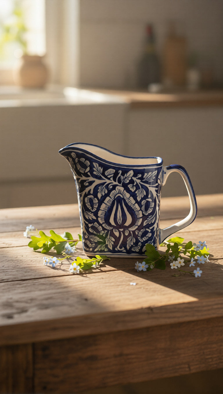 Caffeine Ceramic Handmade Stoneware Blue Mughal Milk and Water Jug (Set of 1, 700 ml)