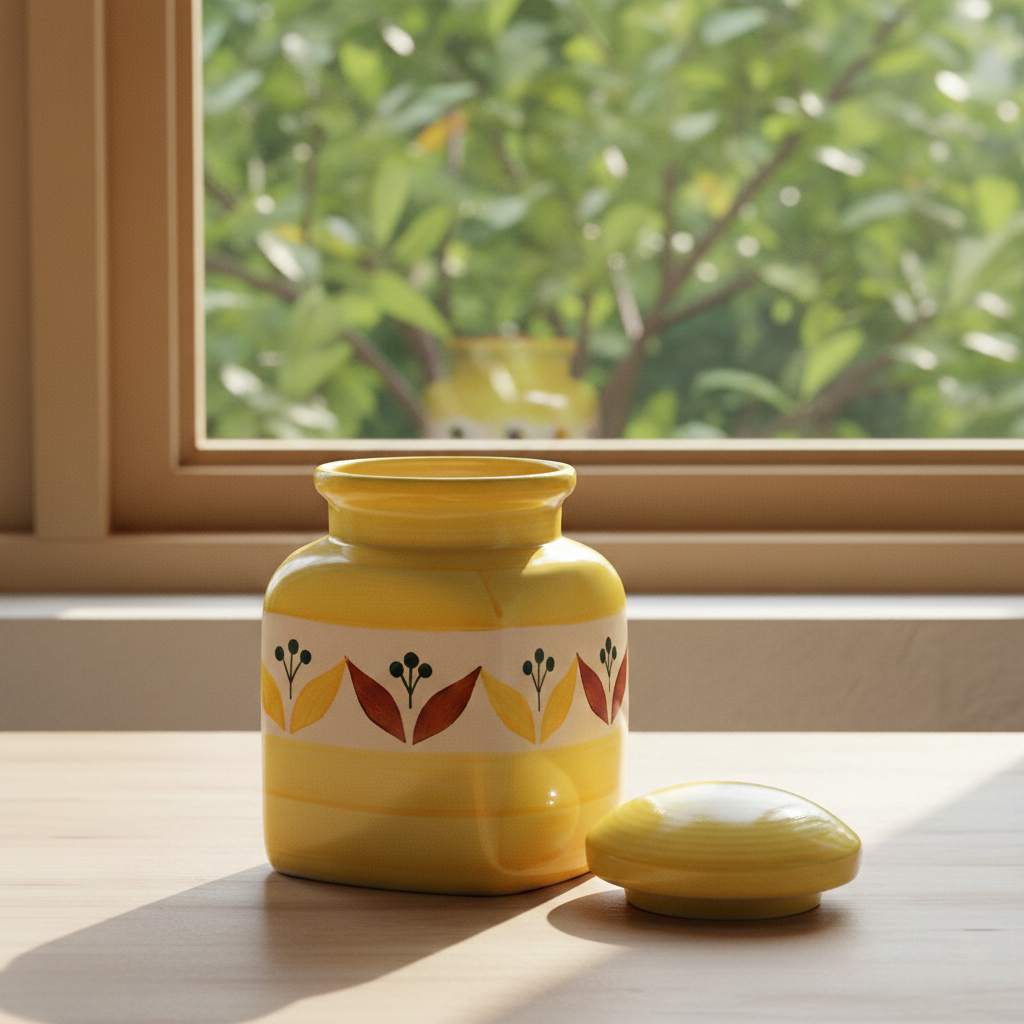 Caffeine Ceramic Stoneware Handmade yellow Lily Barni/container (Set of 1)