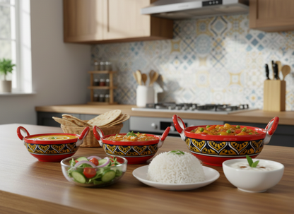 Caffeine Ceramic Handmade Stoneware Orange Morocco Serving kadhai (Set of 3 Microwave & Dishwasher Safe)