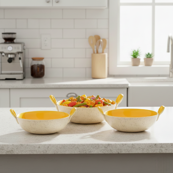 Caffeine Ceramic Handmade Marble White Matte & Yellow Serving Kadhai Set (Set of 3) Microwave Safe & Dishwasher Safe