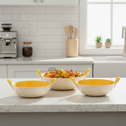 Caffeine Ceramic Handmade Marble White Matte & Yellow Serving Kadhai Set (Set of 3) Microwave Safe & Dishwasher Safe