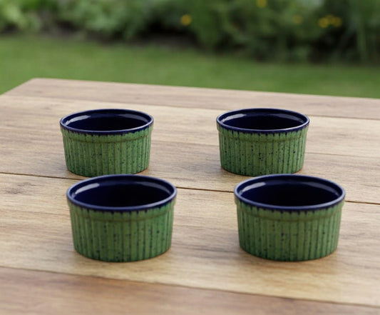 Caffeine Ceramic Handmade Green and Glossy Blue Ramekins Bowls – (Set of 4, 150 ml)
