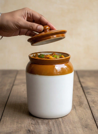 Caffeine Ceramic Stoneware Handmade Mustard And White Barni/Pickle Jar (Set 1)