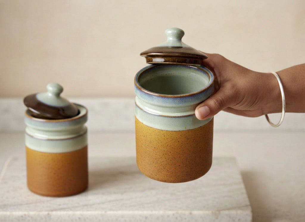 Caffeine Ceramic Stoneware Handmade White and Brown Studio Barni/Pickle Jar (Set of 3)