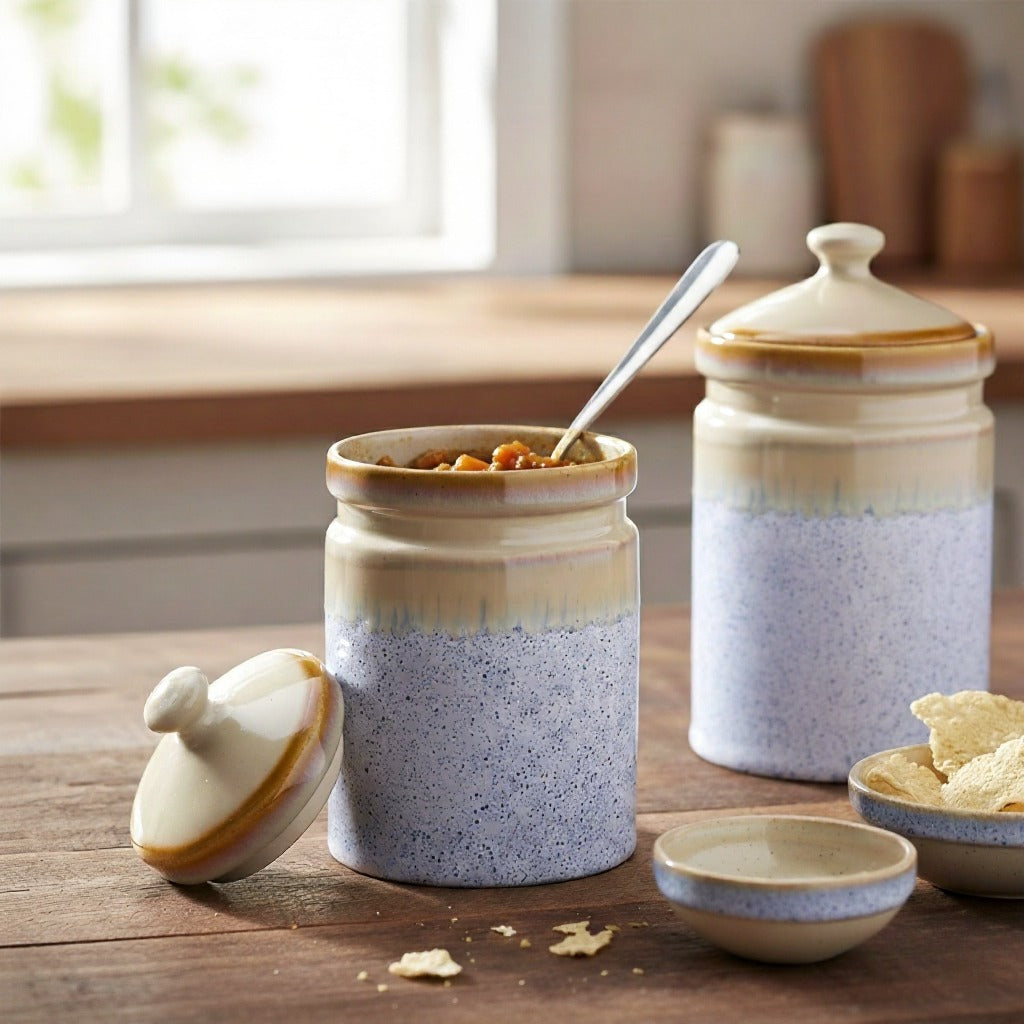 Caffeine Ceramic Stoneware Handmade White and Yellow Studio Barni/Container Set of 3