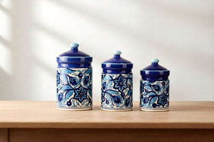 Caffeine Ceramic Stoneware Handmade Blue Leaf Print Barni/Pickle Jars (Set of 3)
