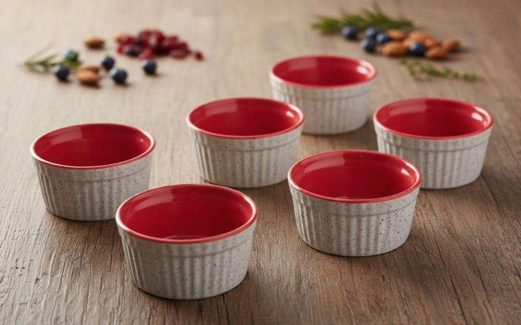 Caffeine Ceramic Handmade White and Red Ramekins Bowl (Set of 6)