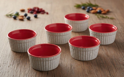 Caffeine Ceramic Handmade White and Red Ramekins Bowl (Set of 6)