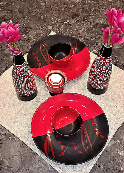 Caffeine Ceramic Handmade Red & Black Bamboo Dinner Set (Set of 4)