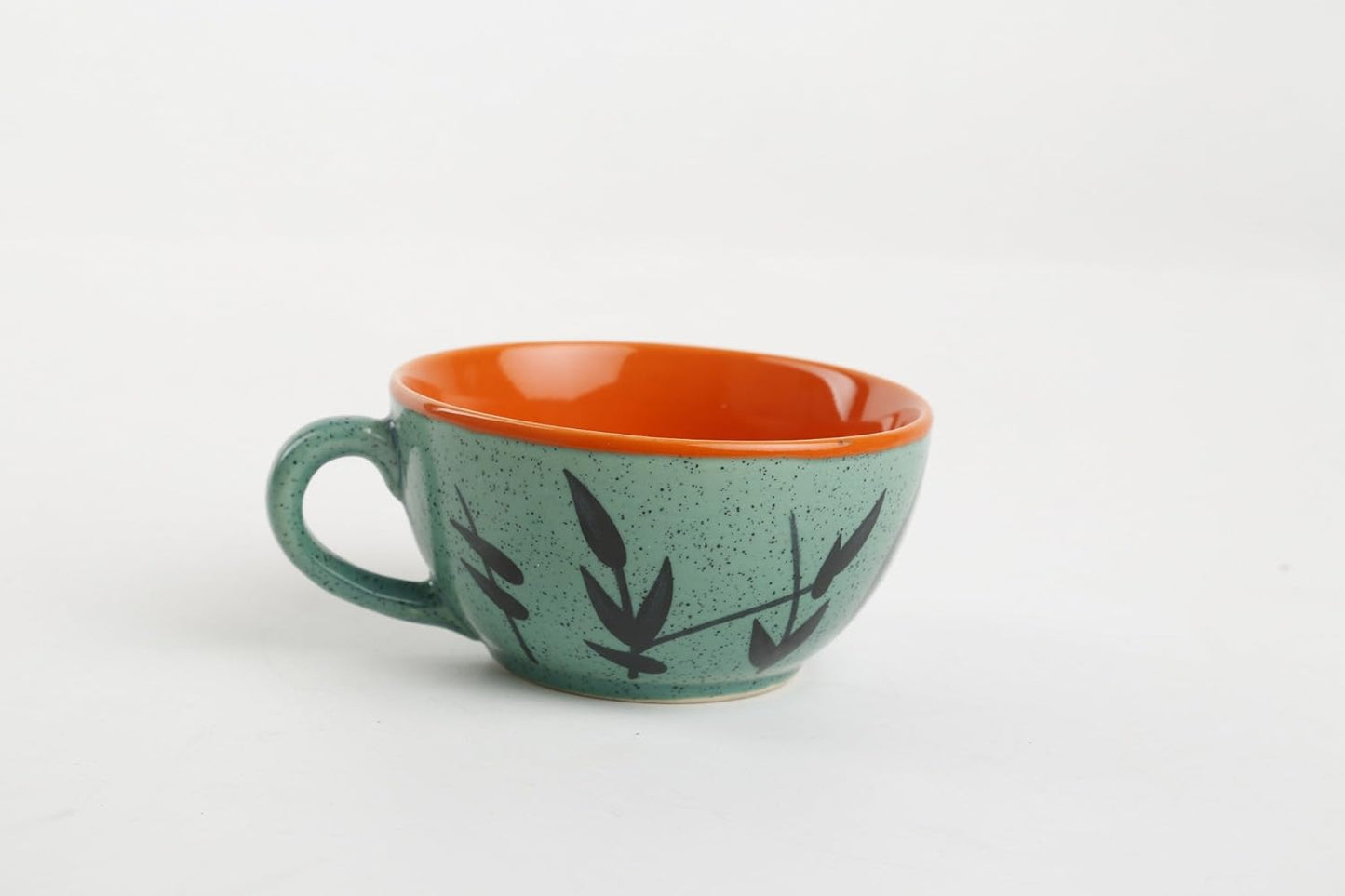 Caffeine Ceramic Handmade Green & Orange Bamboo 2 in1 Tea Pot (Set of 1, Single Kettle with Cup)
