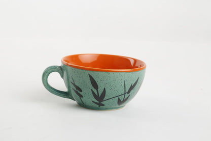 Caffeine Ceramic Handmade Green & Orange Bamboo 2 in1 Tea Pot (Set of 1, Single Kettle with Cup)
