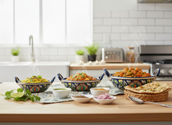 Caffeine Ceramic Handmade Stoneware Blue Jaipuri Serving kadhai (Set of 3 Microwave & Dishwasher Safe)