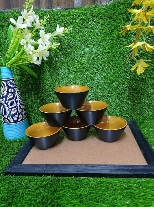 Caffeine Ceramic Handmade Black Matte Glossy and Brown Dessert Bowl (Set of 6) - Caffeine Premium Ceramic