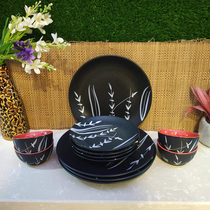 Caffeine Ceramic Handmade Black Bamboo Combo Dinner Set 12 pcs