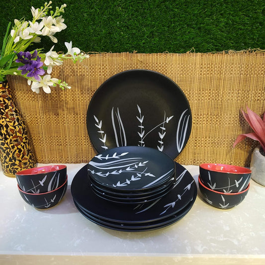 Caffeine Ceramic Handmade Black Bamboo Combo Dinner Set 12 pcs