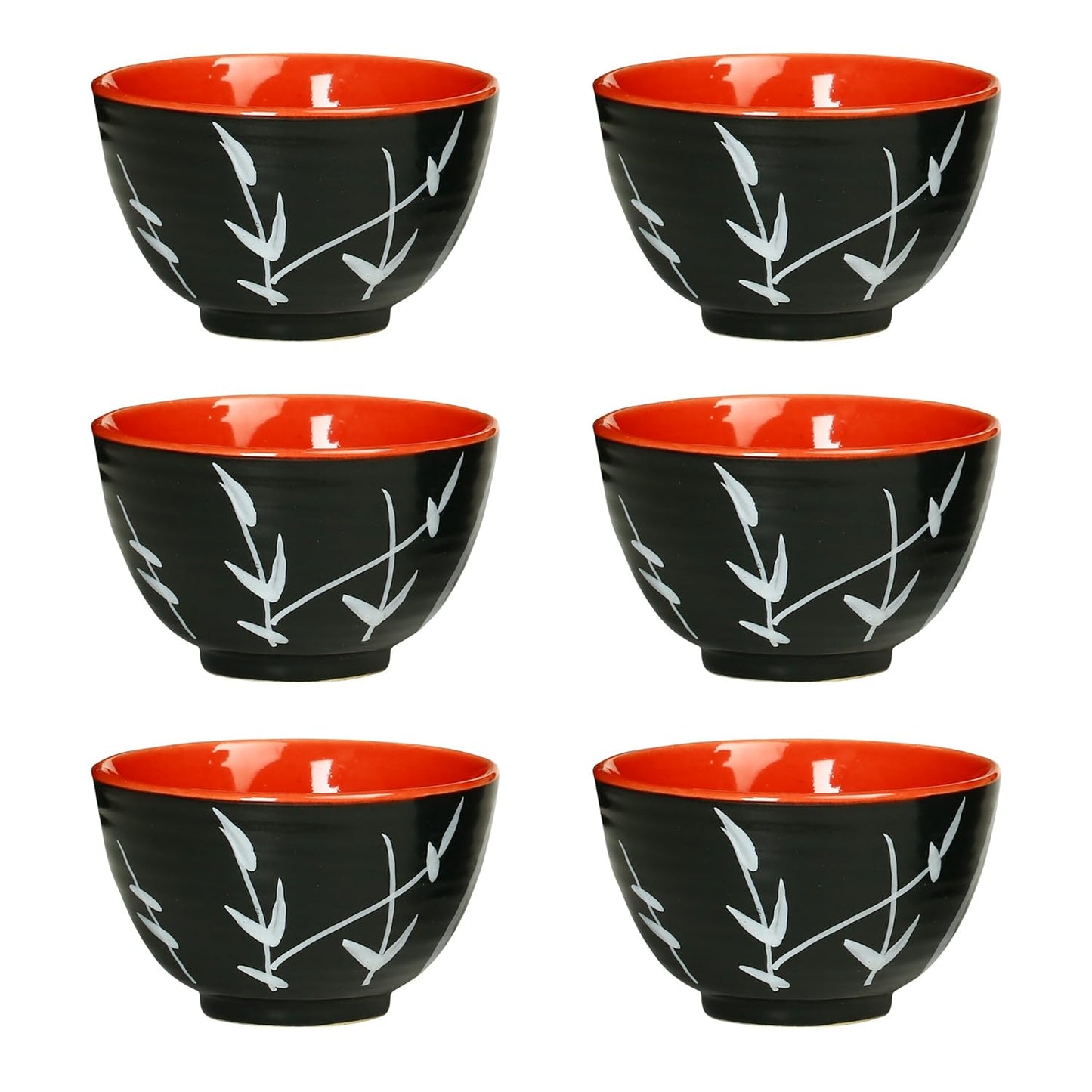 Caffeine Ceramic Handmade Black & Red Bamboo Dessert Bowl (Set of 6, 150 ml) - Caffeine Premium Stoneware