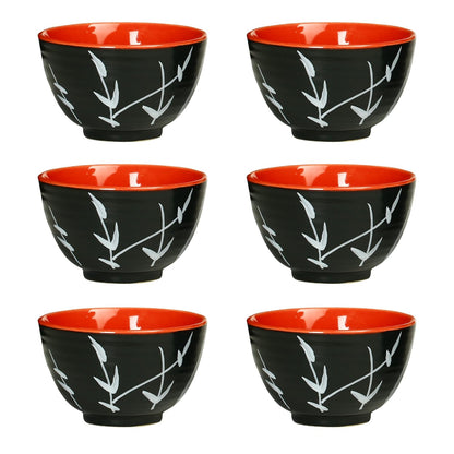 Caffeine Ceramic Handmade Black & Red Bamboo Dessert Bowl (Set of 6, 150 ml) - Caffeine Premium Stoneware