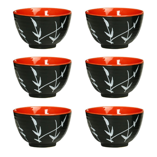 Caffeine Ceramic Handmade Black & Red Bamboo Dessert Bowl (Set of 6, 150 ml) - Caffeine Premium Stoneware