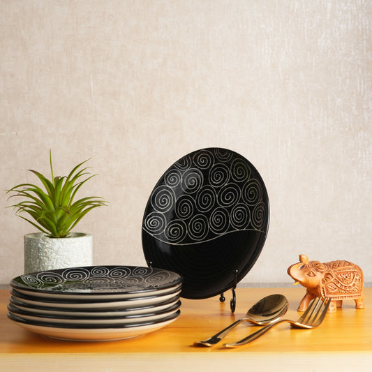 Caffeine Ceramic Handmade Stoneware Black Doddle Dinner Plate 10" inch Set of 6 (Microwave & Dishwasher Safe) - Caffeine Premium Stoneware