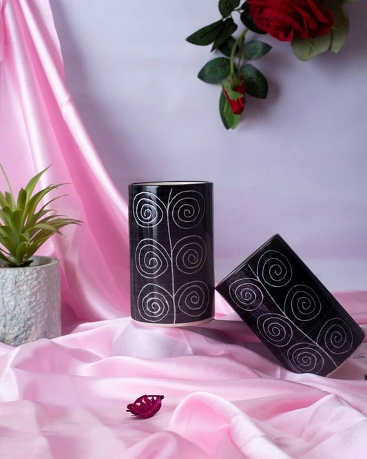 Caffeine Ceramic Stoneware Handmade Black Doodle Water Glass 300ml Set of 2 - Caffeine Premium Stoneware