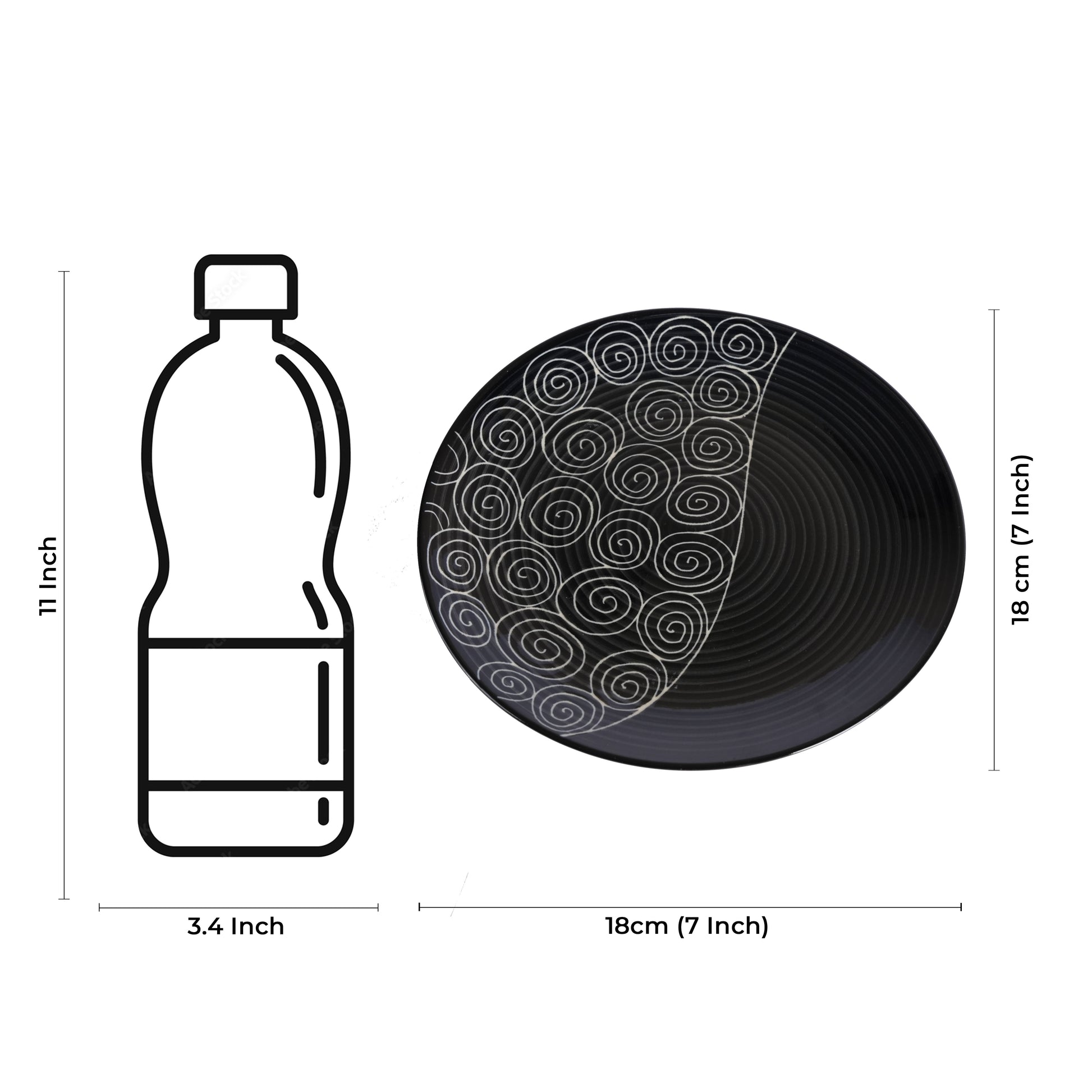 Caffeine Ceramic Handmade Stoneware Black Doodle Quarter Plate 7” (Set of 6) - Caffeine Premium Stoneware