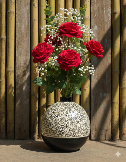 Decorative vase with red roses and greenery against a wooden background