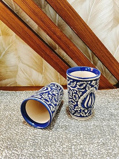 Caffeine Ceramic Stoneware Handmade Blue Mughal Water Glass (Set of 2) - Caffeine Premium Stoneware