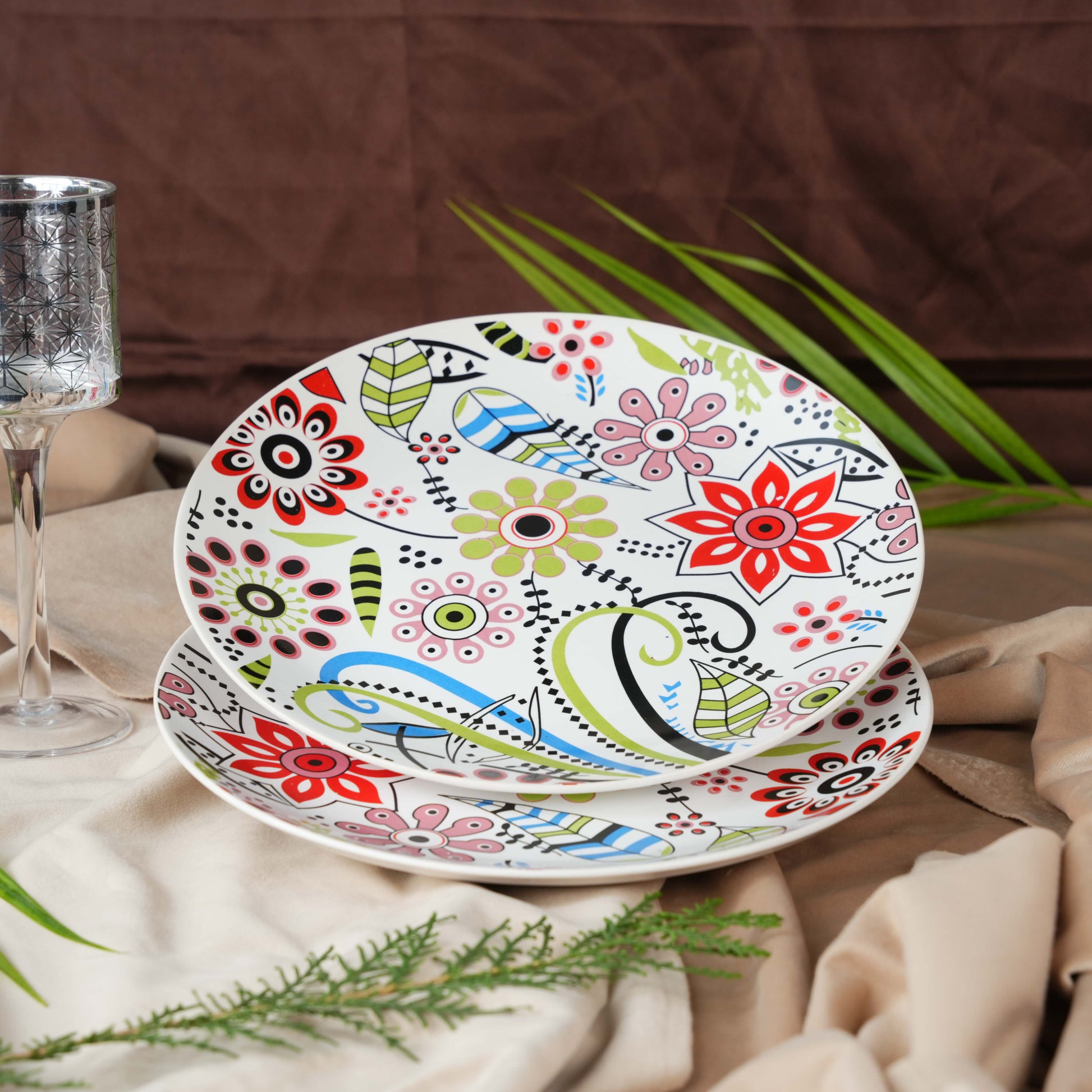 Caffeine Ceramic Handmade Stoneware Multicolor Flower Design Dinner Plate set of 4 - Caffeine Premium Stoneware