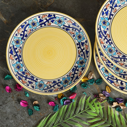 Caffeine Ceramic Handmade Royal Blue & Yellow Flowra Print Dinner Plate set of 4 - Caffeine Premium Stoneware