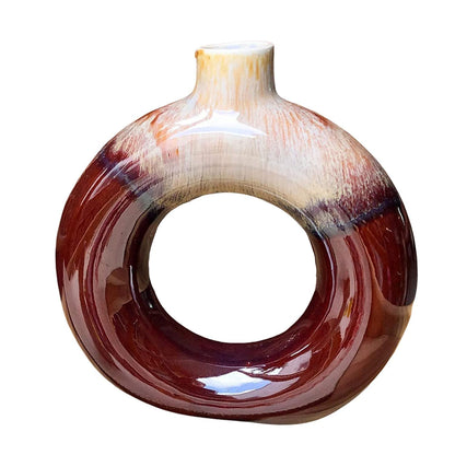 Caffeine Premium Ceramic Handmade Coffee Brown & Cream Donut Shape Flower Vase for Home Decor (Set of 1)