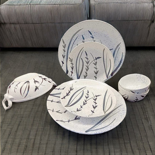 Caffeine Ceramic Handmade White Bamboo Combo Dinner Set (7 pcs.)