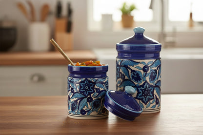 Caffeine Ceramic Stoneware Handmade Blue Leaf Print Barni/Pickle Jars (Set of 3)